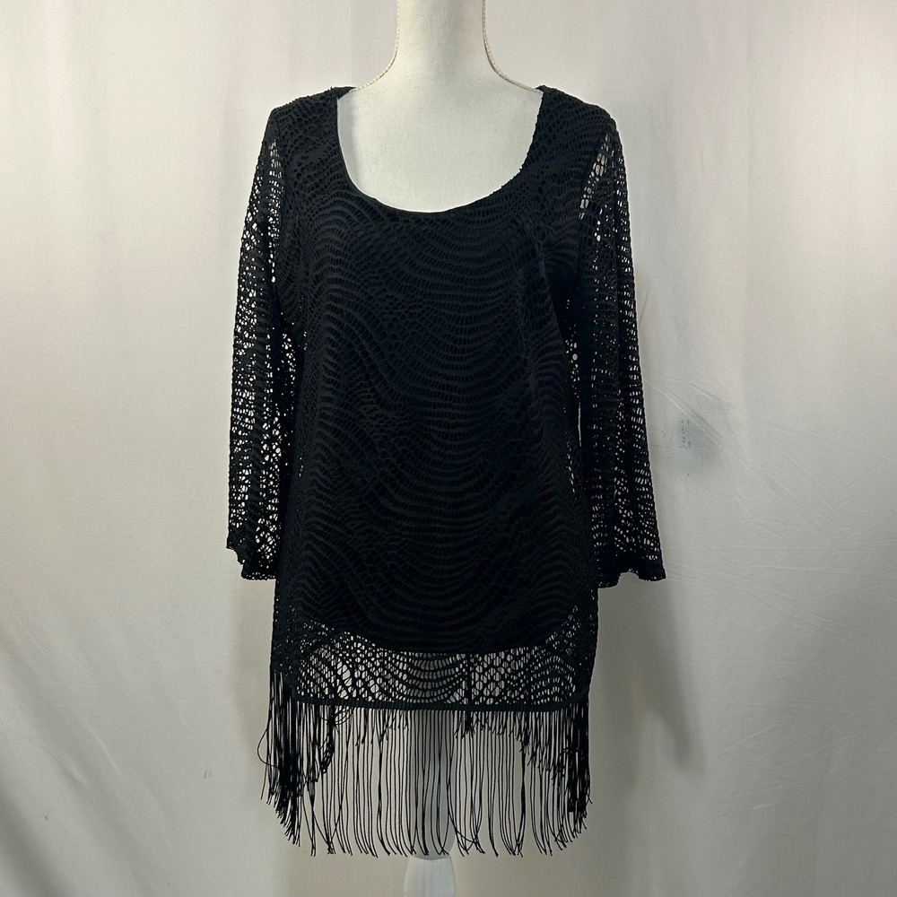 Melissa Paige Black Crochet Fringe Tunic Top‎ Cover Up Long Sleeve Women's L
